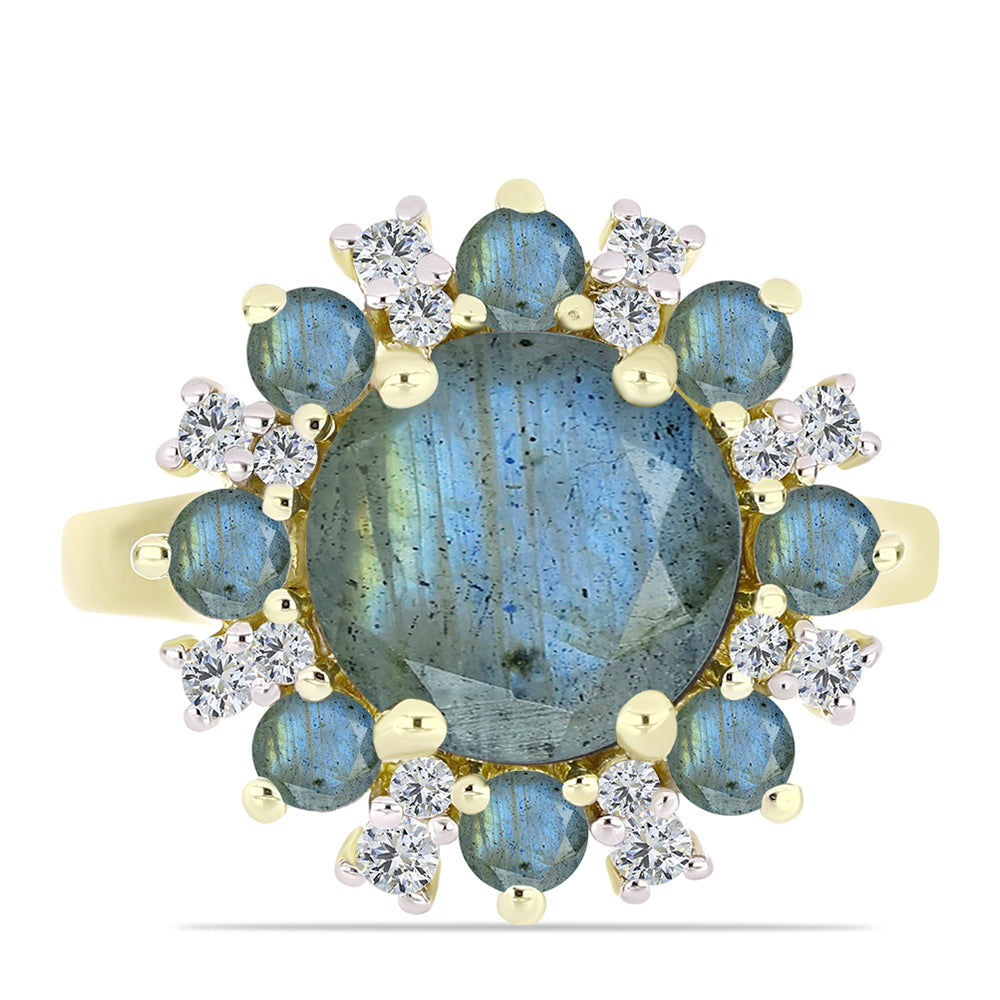 Anillo de Plata Bañada en Oro con Labradorita y Topacio Blanco 1 