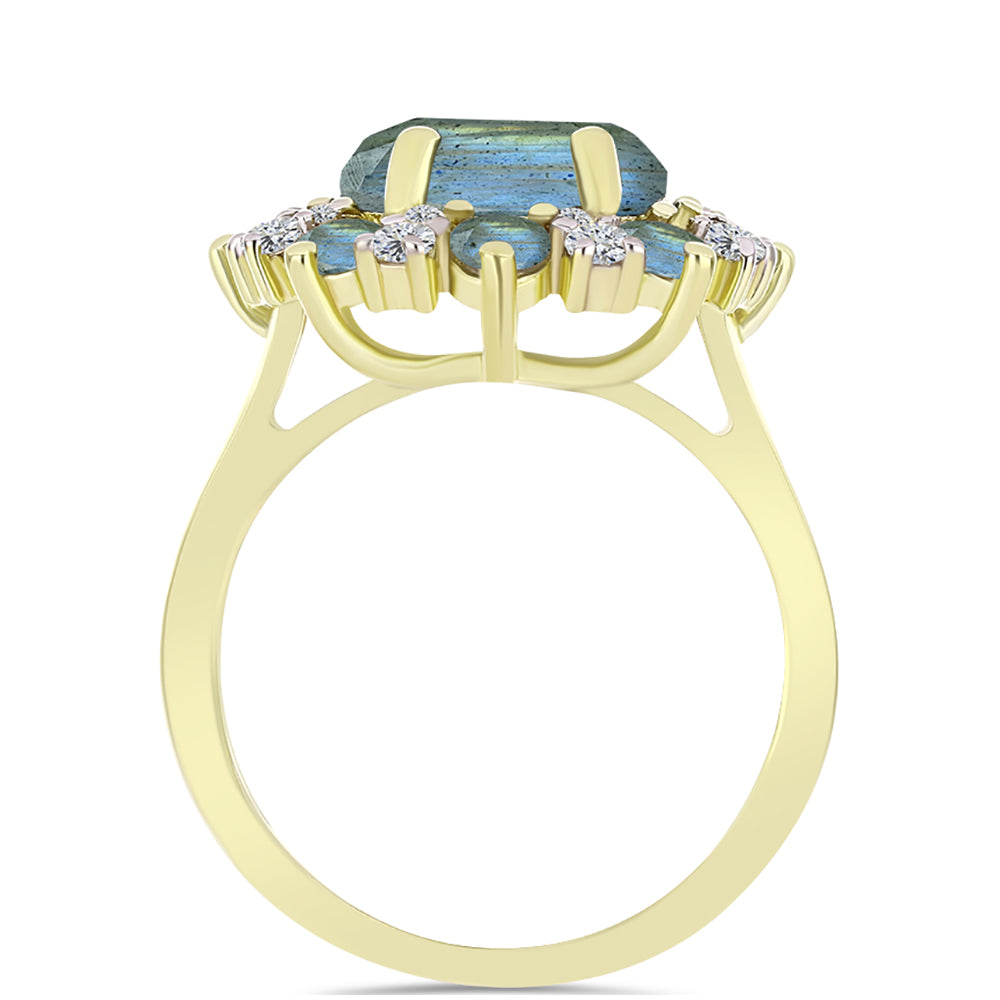Anillo de Plata Bañada en Oro con Labradorita y Topacio Blanco 2 