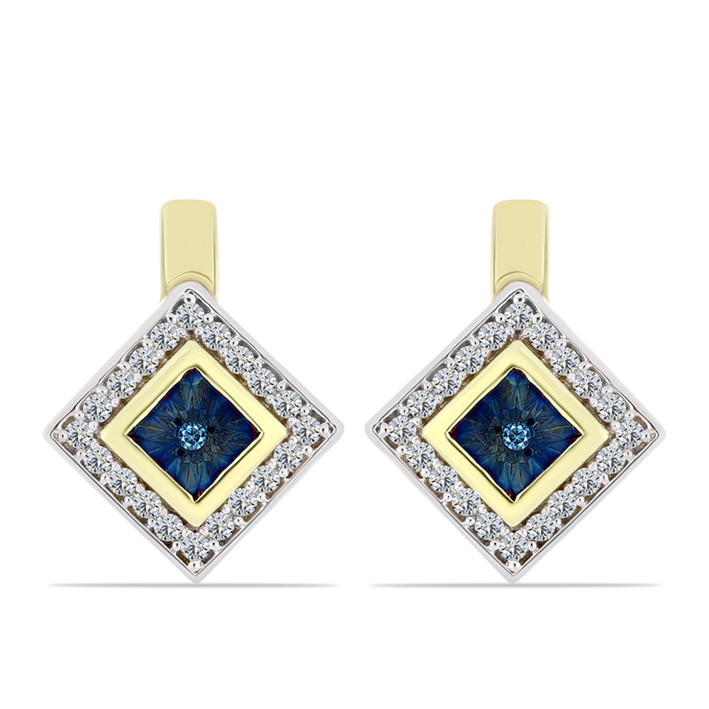 Pendientes de Plata Bañada en Oro con Diamante Azul y Topacio Blanco