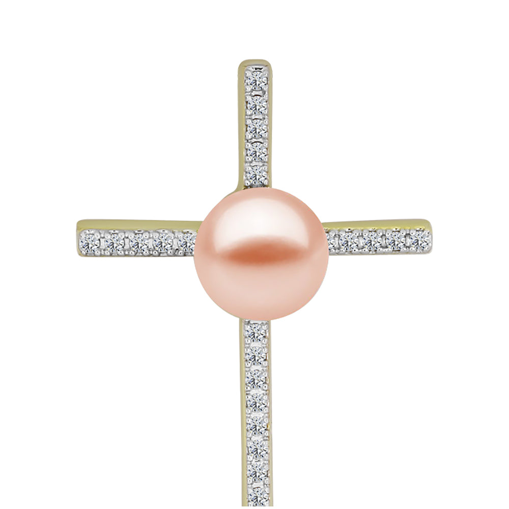 Cruz Colgante de Plata Bañada en Oro con Perla de agua dulce melocotón y Topacio Blanco 1 