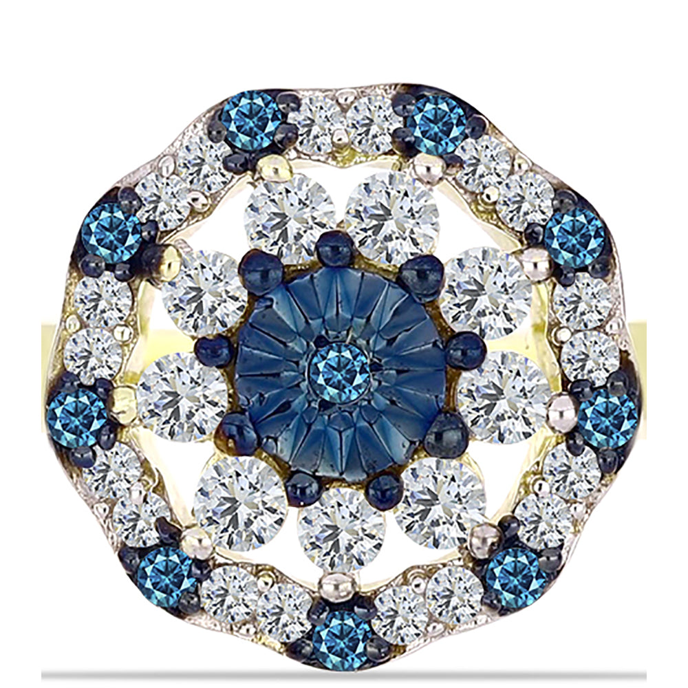 Anillo de Plata Bañada en Oro con Diamante Azul y Topacio Blanco