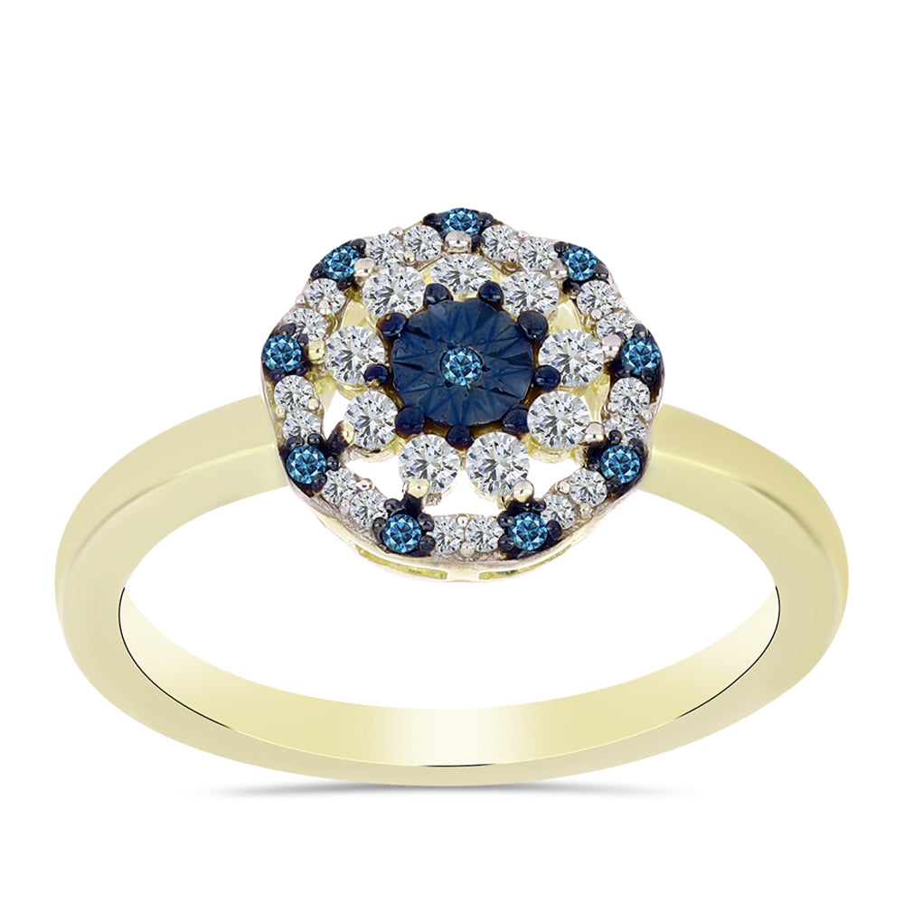 Anillo de Plata Bañada en Oro con Diamante Azul y Topacio Blanco 3 