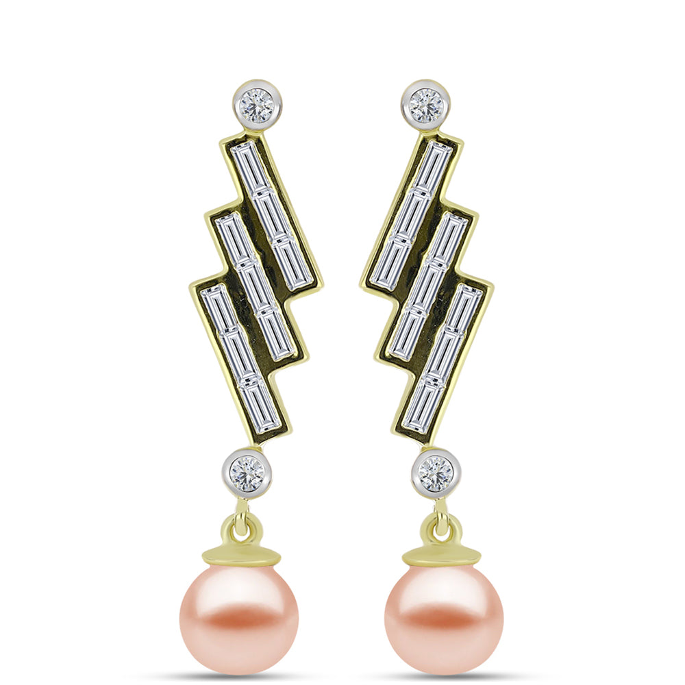 Pendientes de Plata Bañada en Oro con Perla de agua dulce melocotón y Zircón Blanco