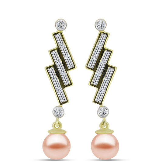 Pendientes de Plata Bañada en Oro con Perla de agua dulce melocotón y Zircón Blanco