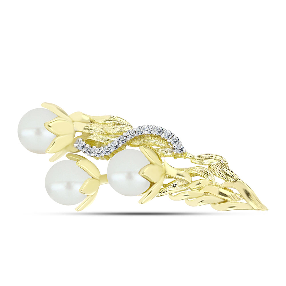 Broche de Plata Bañada en Oro con Perla de Agua Dulce y Topacio Blanco 1 