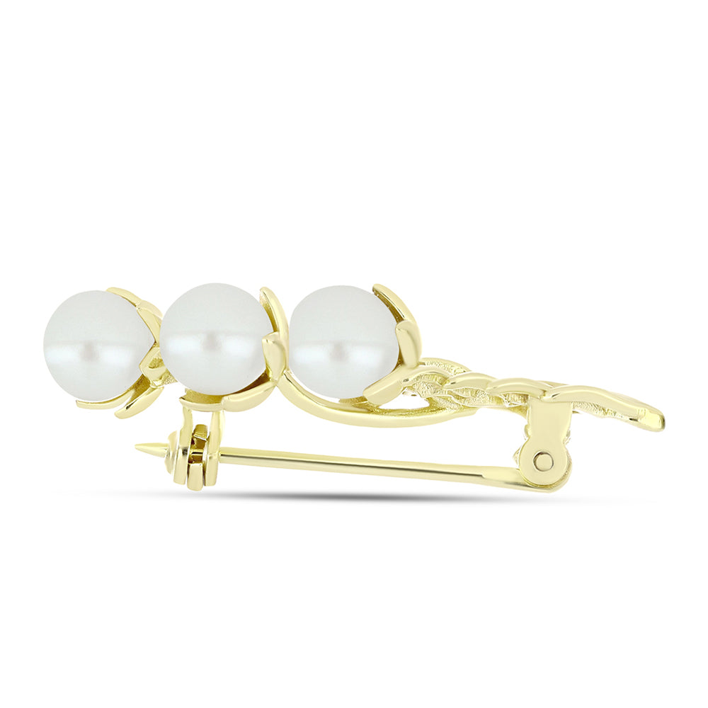 Broche de Plata Bañada en Oro con Perla de Agua Dulce y Topacio Blanco 4 