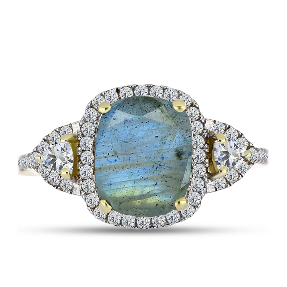 Anillo de Plata Bañada en Oro con Labradorita y Topacio Blanco