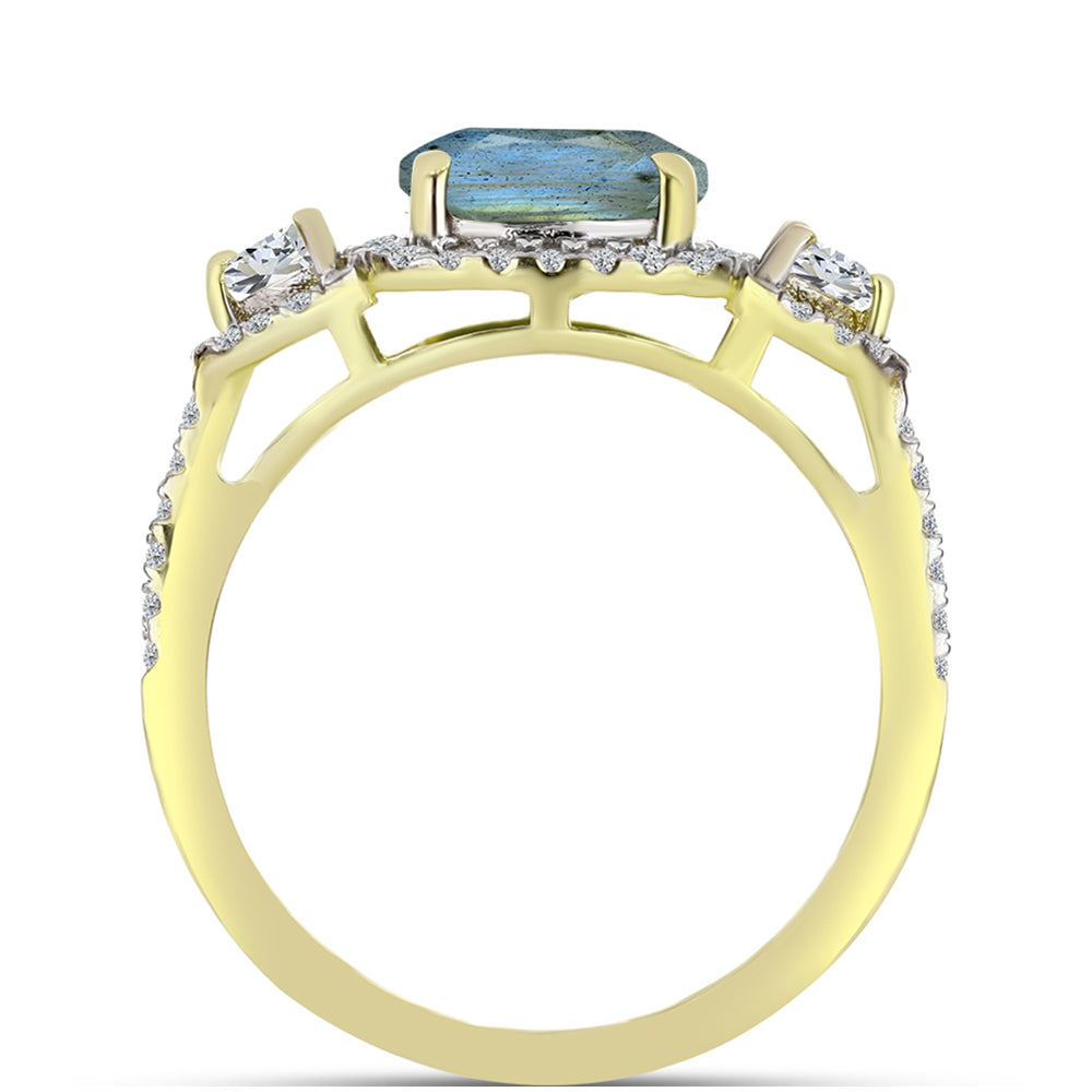 Anillo de Plata Bañada en Oro con Labradorita y Topacio Blanco 6 
