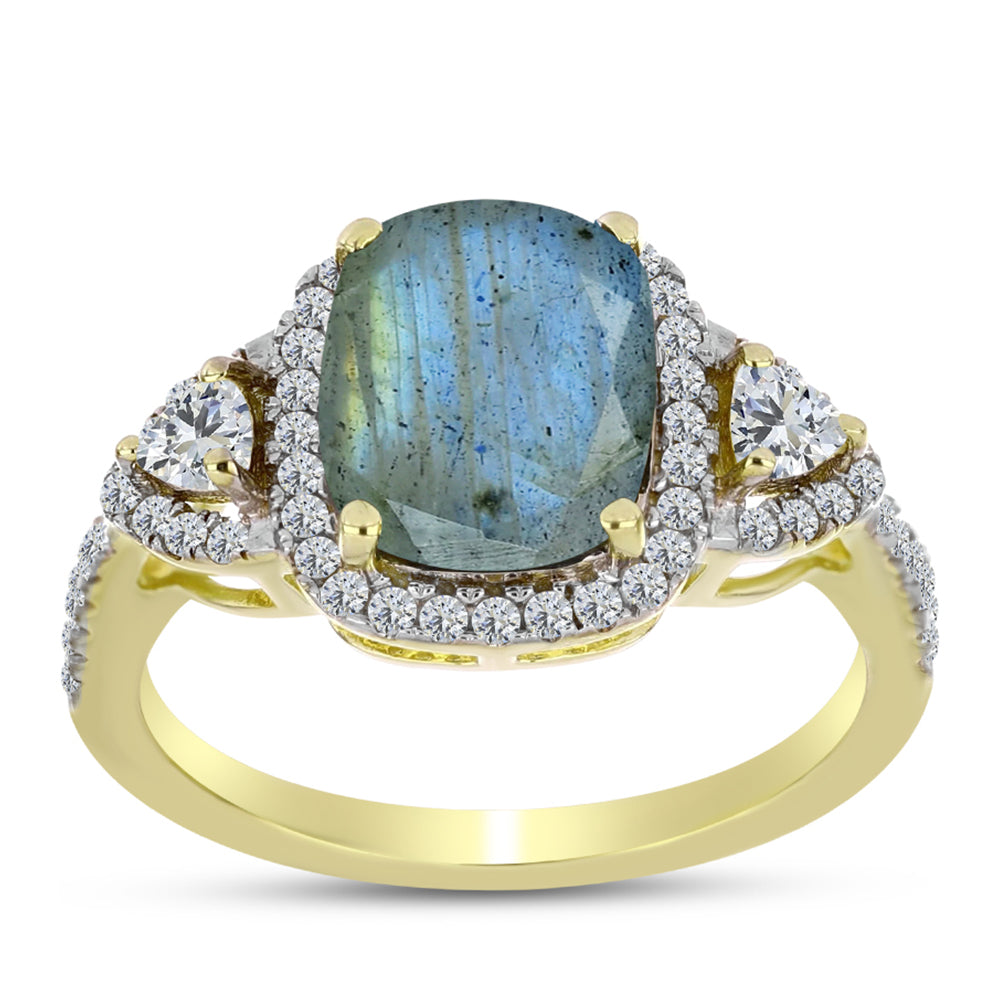 Anillo de Plata Bañada en Oro con Labradorita y Topacio Blanco