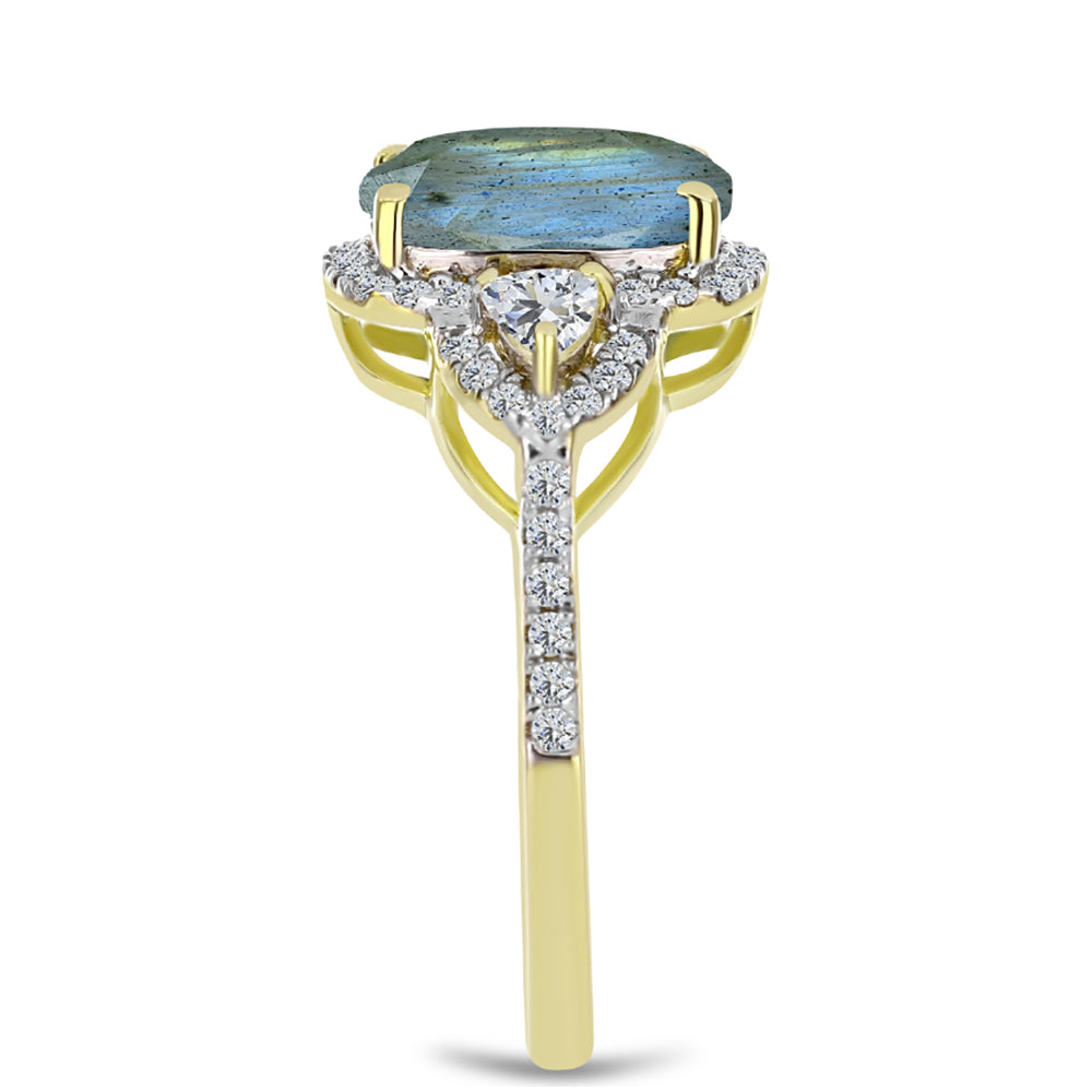 Anillo de Plata Bañada en Oro con Labradorita y Topacio Blanco 4 