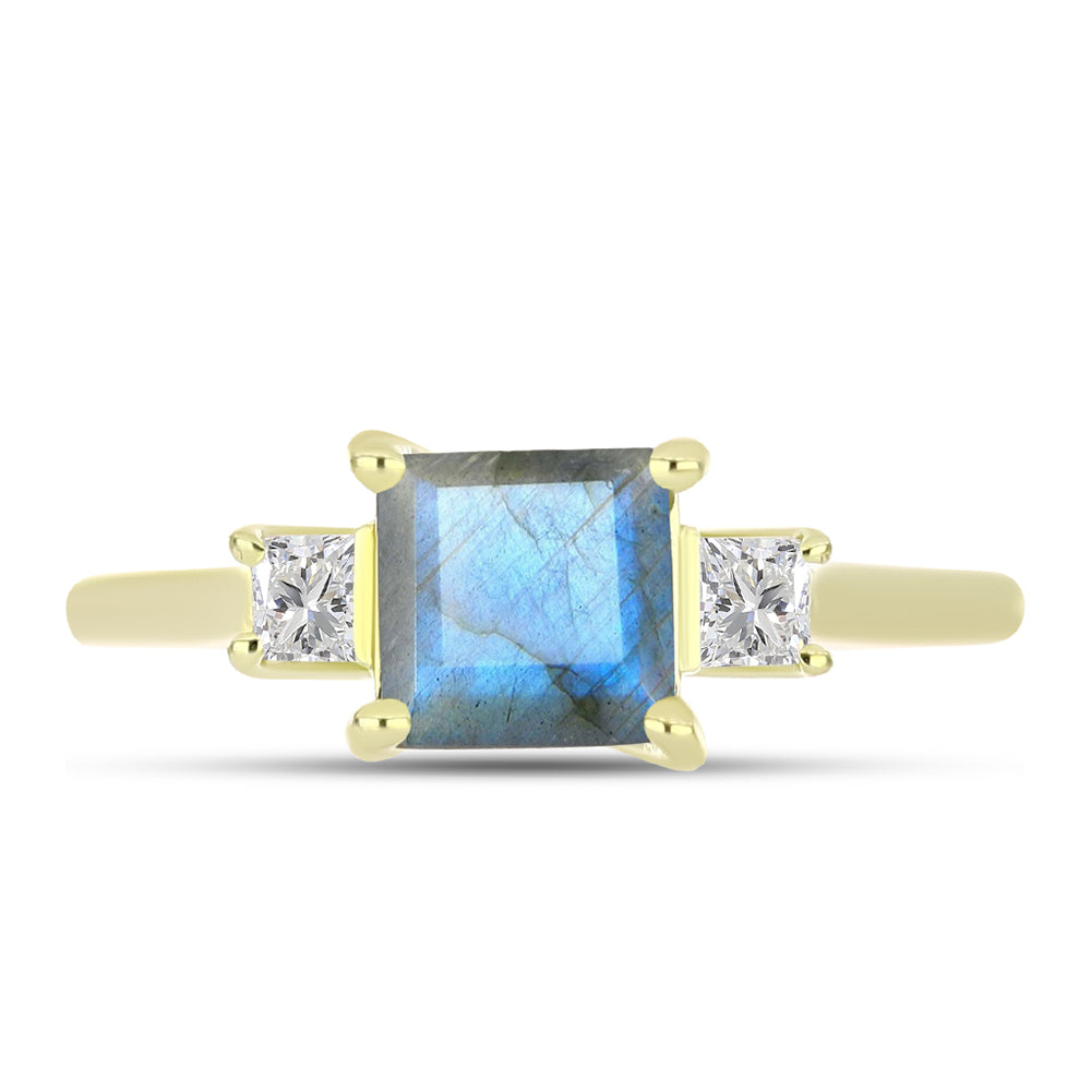 Anillo de Plata Bañada en Oro con Labradorita y Topacio Blanco