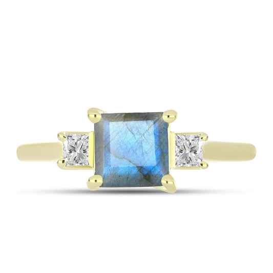 Anillo de Plata Bañada en Oro con Labradorita y Topacio Blanco