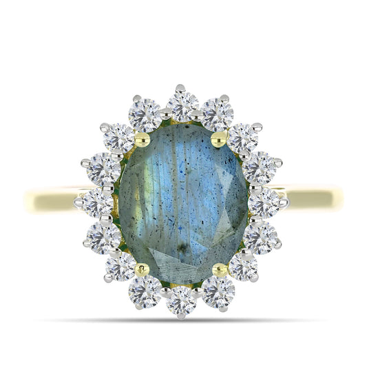 Anillo de Plata Bañada en Oro con Labradorita y Topacio Blanco