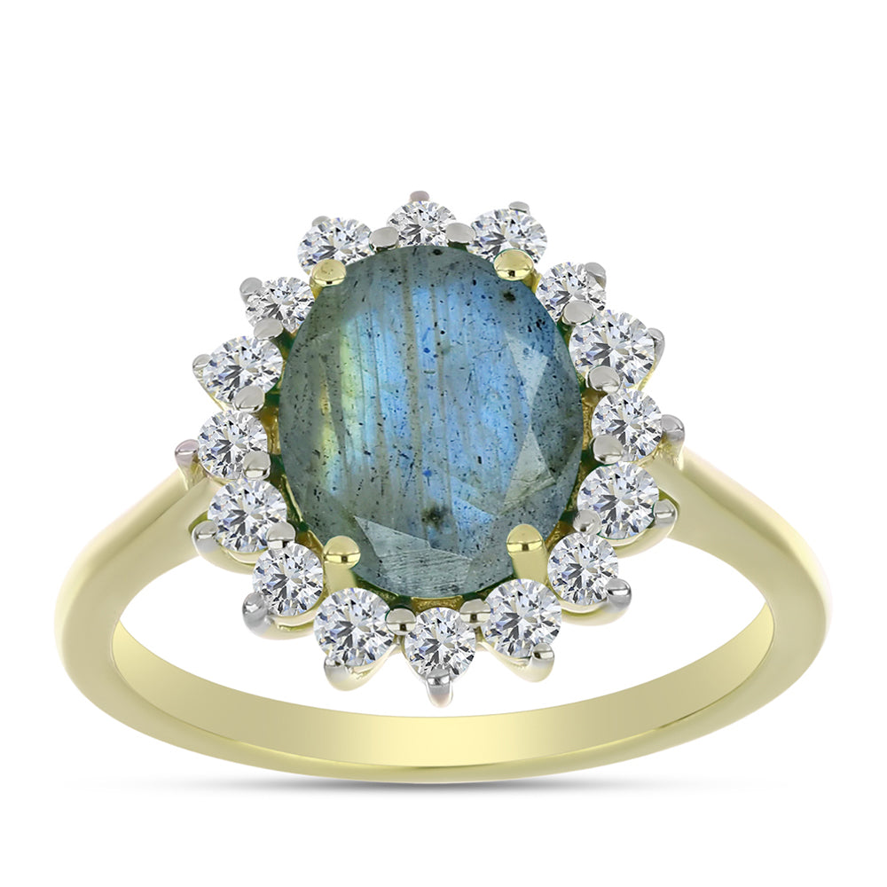 Anillo de Plata Bañada en Oro con Labradorita y Topacio Blanco 3 