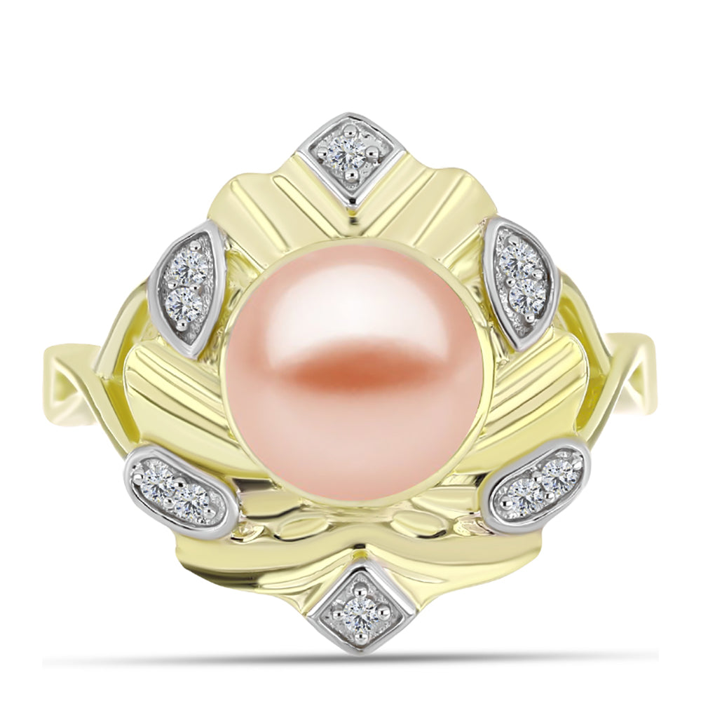 Anillo de Plata Bañada en Oro con Perla de agua dulce melocotón y Topacio Blanco 1 