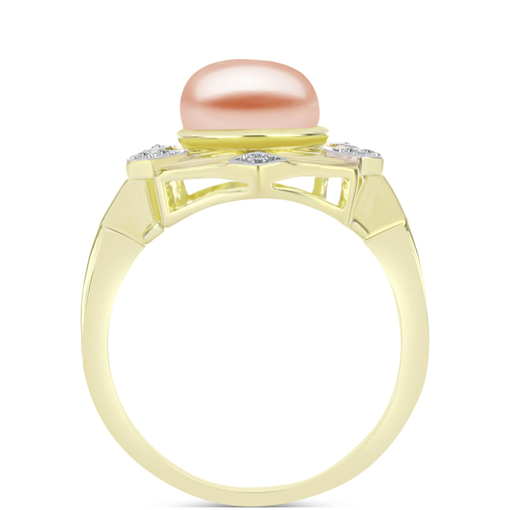 Anillo de Plata Bañada en Oro con Perla de agua dulce melocotón y Topacio Blanco 2 