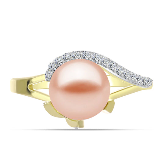 Anillo de Plata Bañada en Oro con Perla de agua dulce melocotón y Topacio Blanco