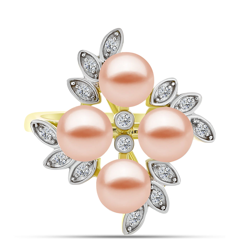 Anillo de Plata Bañada en Oro con Perla de agua dulce melocotón y Topacio Blanco 1 