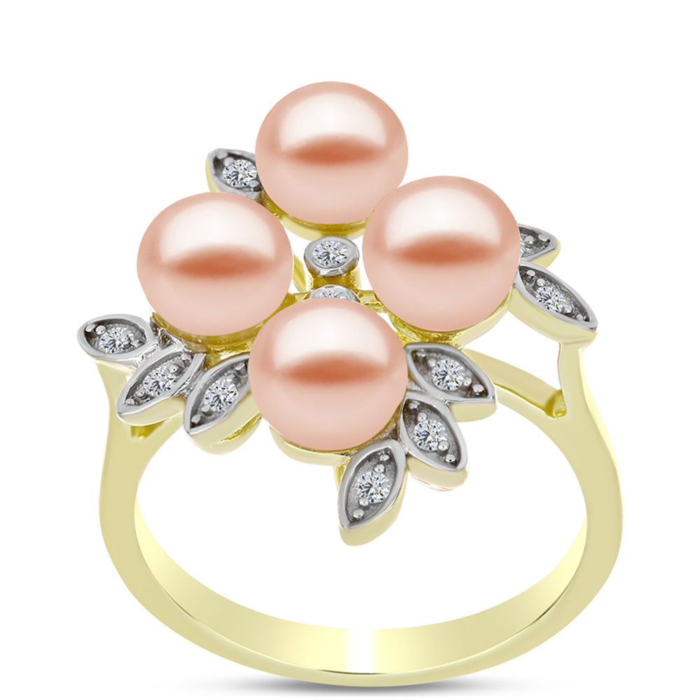 Anillo de Plata Bañada en Oro con Perla de agua dulce melocotón y Topacio Blanco 3 