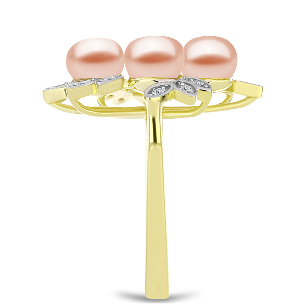 Anillo de Plata Bañada en Oro con Perla de agua dulce melocotón y Topacio Blanco