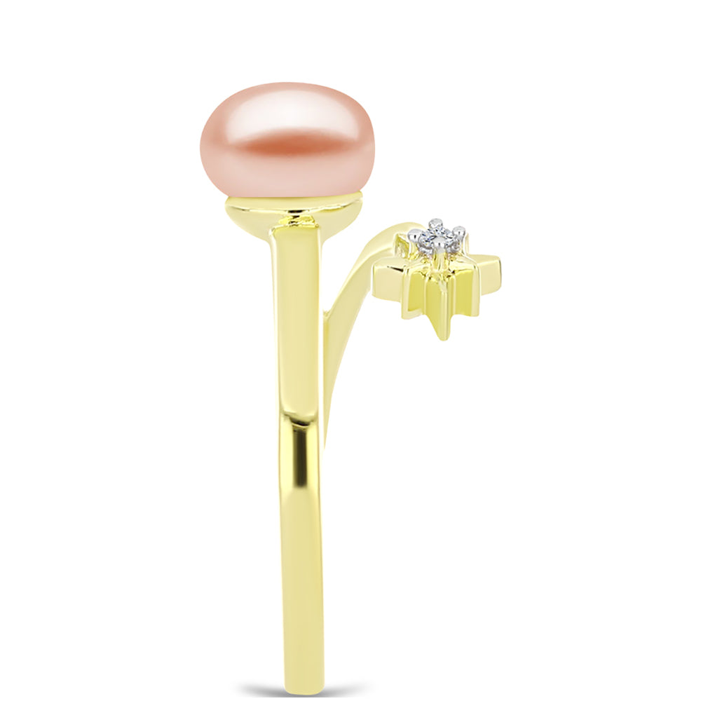 Anillo de Plata Bañada en Oro con Perla de agua dulce melocotón y Topacio Blanco