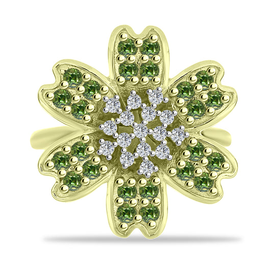 Anillo de Plata Bañada en Oro con Zafiro Verde y Topacio Blanco
