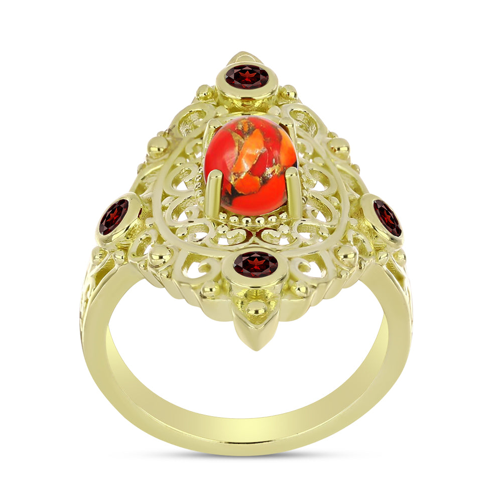 Anillo de Plata Bañada en Oro con Turquesa de Mohave y Granate Barton