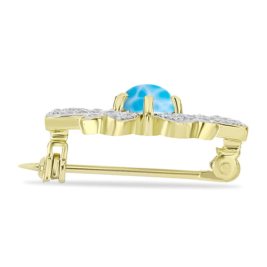 Broche de Plata Bañada en Oro con Larimar y Topacio Blanco