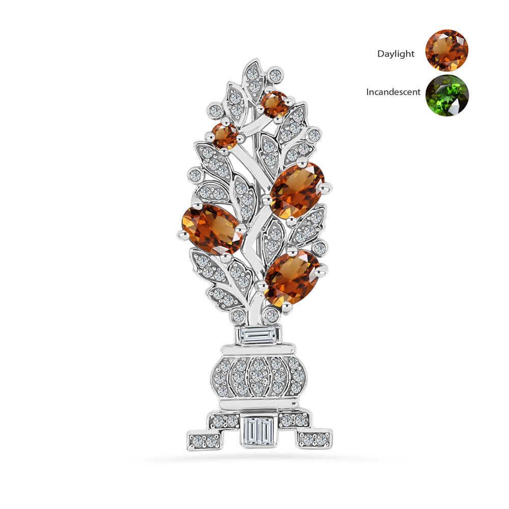 Broche de Plata con Zultanita de Anatolia certificado y cultivado en laboratorio y Zircón Blanco