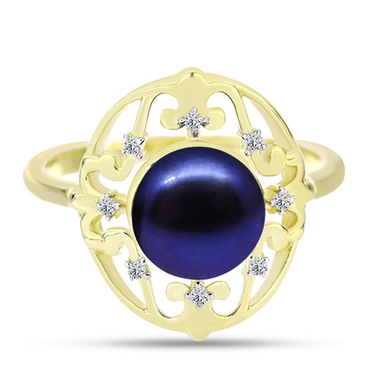Anillo de Plata Bañada en Oro con Perla Negra de Agua dulce y Topacio Blanco