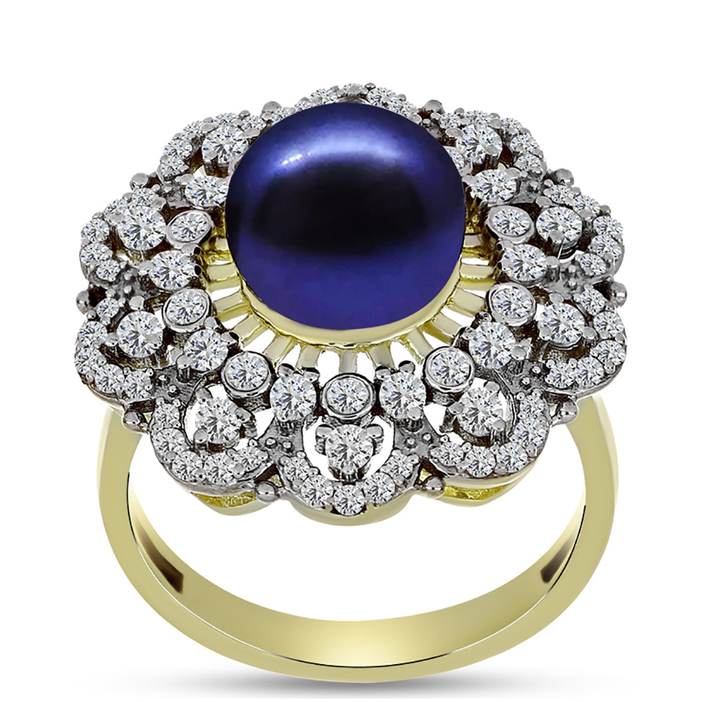 Anillo de Plata Bañada en Oro con Perla Negra de Agua dulce y Topacio Blanco 2 