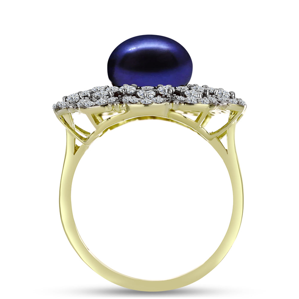 Anillo de Plata Bañada en Oro con Perla Negra de Agua dulce y Topacio Blanco