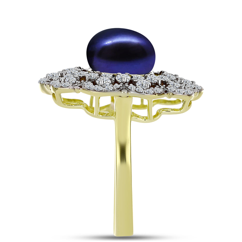 Anillo de Plata Bañada en Oro con Perla Negra de Agua dulce y Topacio Blanco 4 