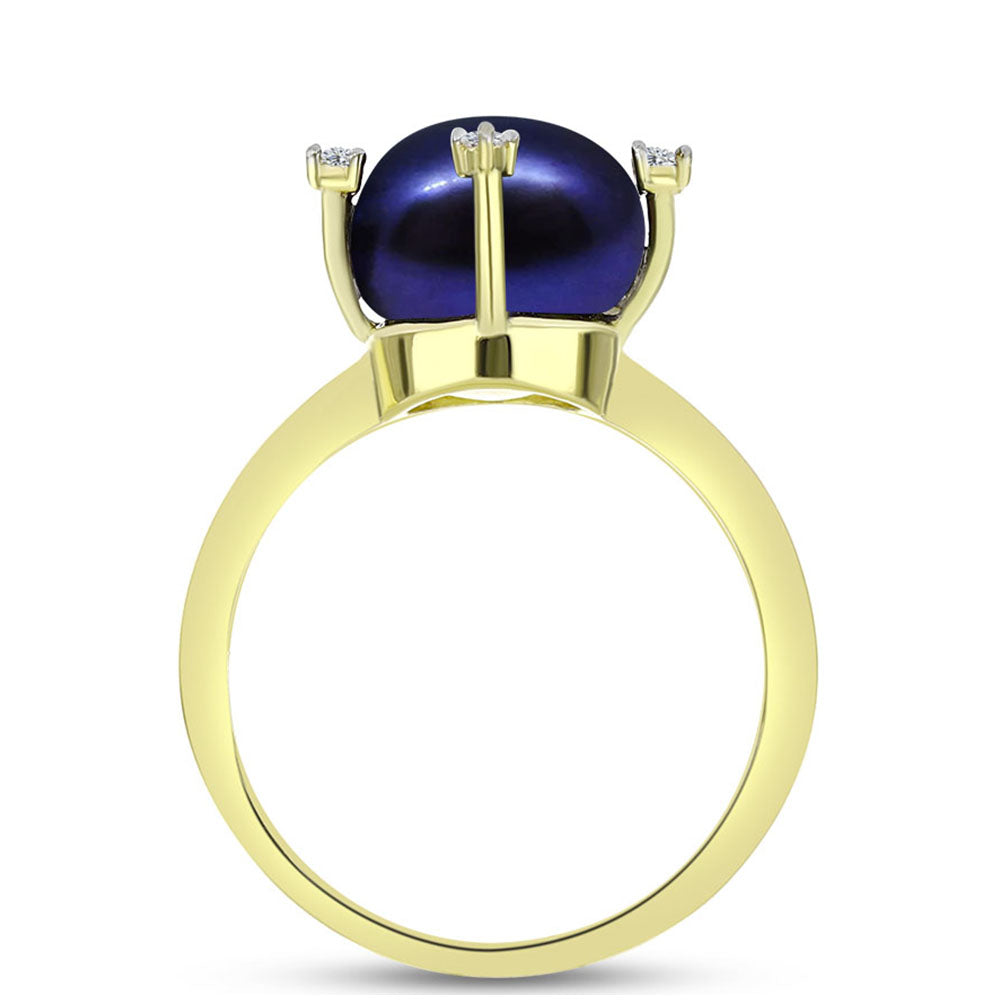 Anillo de Plata Bañada en Oro con Perla Negra de Agua dulce y Topacio Blanco