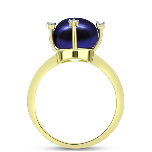 Anillo de Plata Bañada en Oro con Perla Negra de Agua dulce y Topacio Blanco