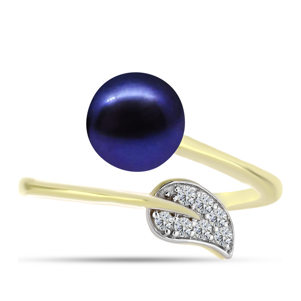 Anillo de Plata Bañada en Oro con Perla Negra de Agua dulce y Topacio Blanco 1 
