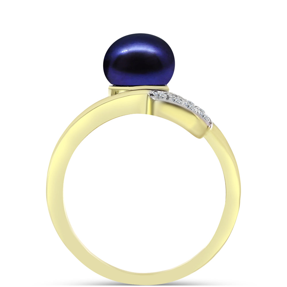 Anillo de Plata Bañada en Oro con Perla Negra de Agua dulce y Topacio Blanco 2 