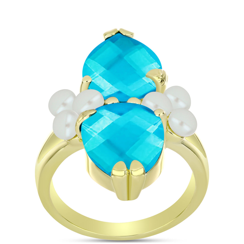 Anillo de Plata Bañada en Oro con Jade Azul y Perla de Agua Dulce 3 