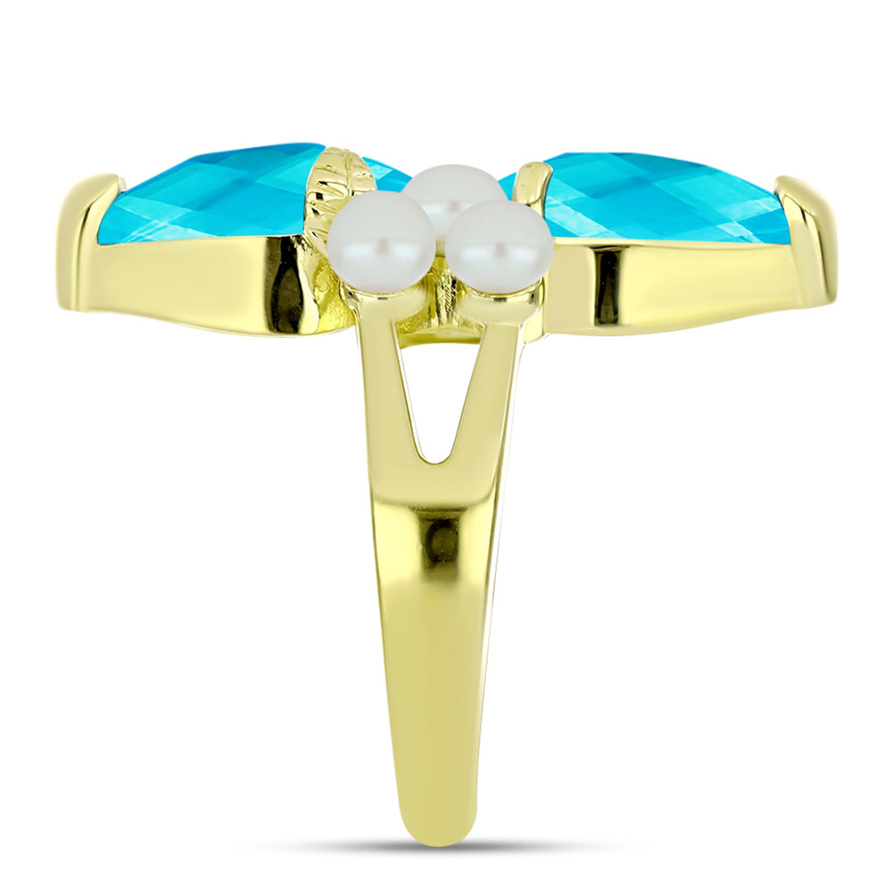 Anillo de Plata Bañada en Oro con Jade Azul y Perla de Agua Dulce 4 