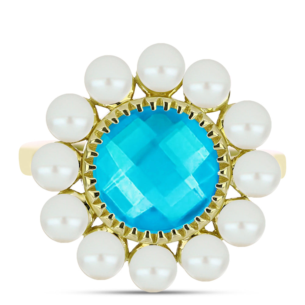 Anillo de Plata Bañada en Oro con Jade Azul y Perla de Agua Dulce 1 