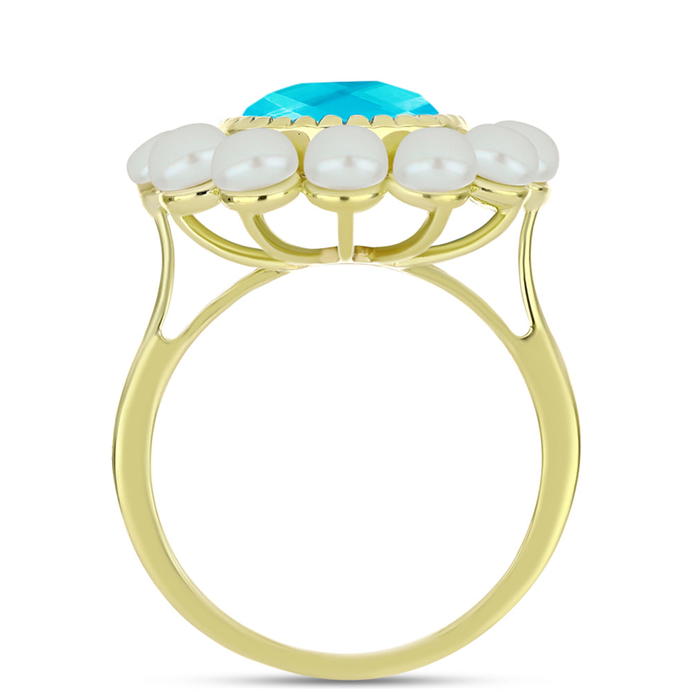 Anillo de Plata Bañada en Oro con Jade Azul y Perla de Agua Dulce 2 