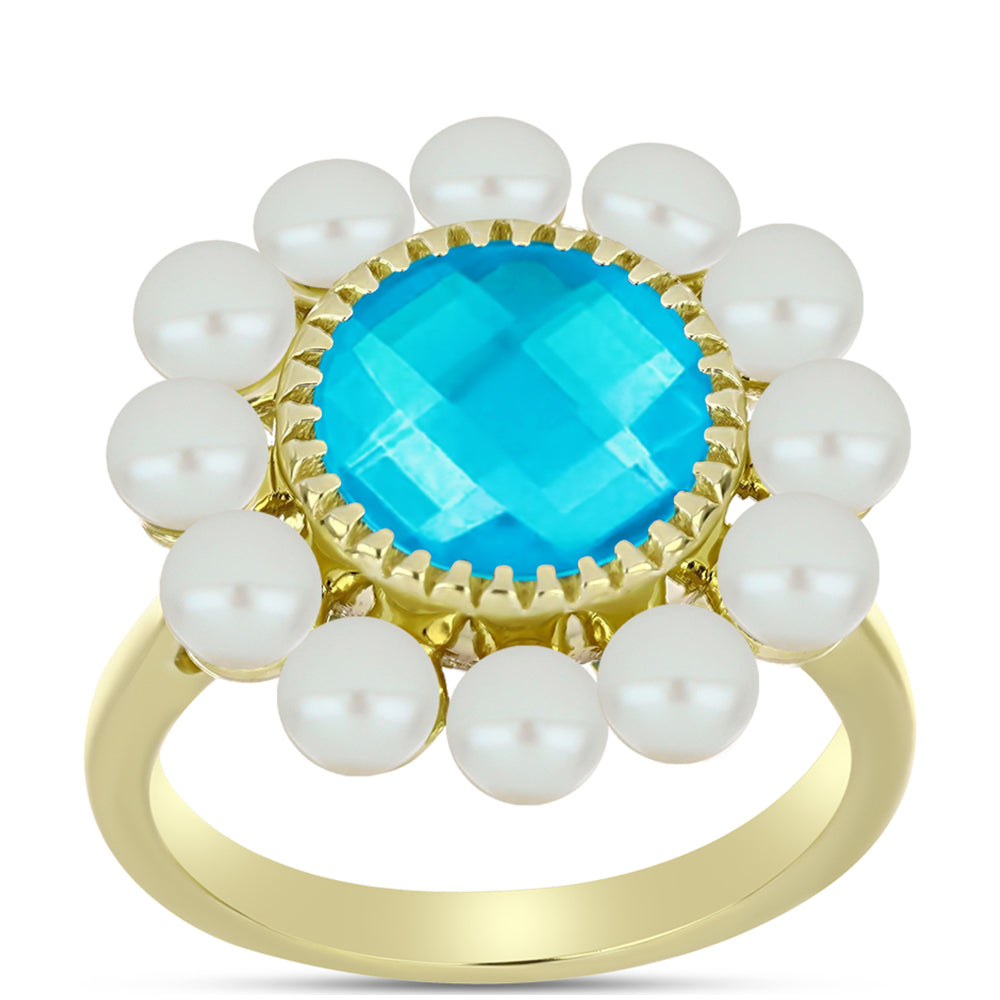 Anillo de Plata Bañada en Oro con Jade Azul y Perla de Agua Dulce