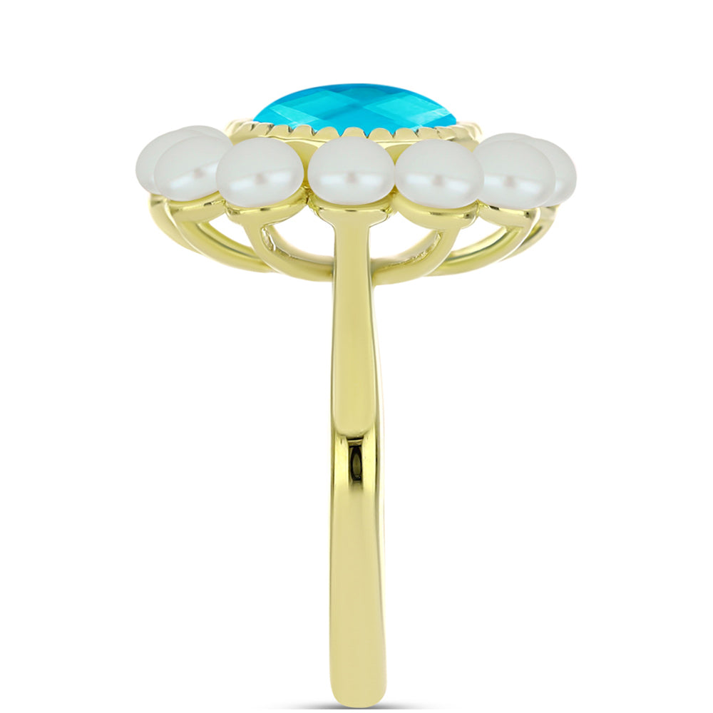 Anillo de Plata Bañada en Oro con Jade Azul y Perla de Agua Dulce 4 
