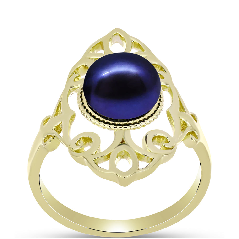 Anillo de Plata Bañada en Oro con Perla Negra de Agua dulce