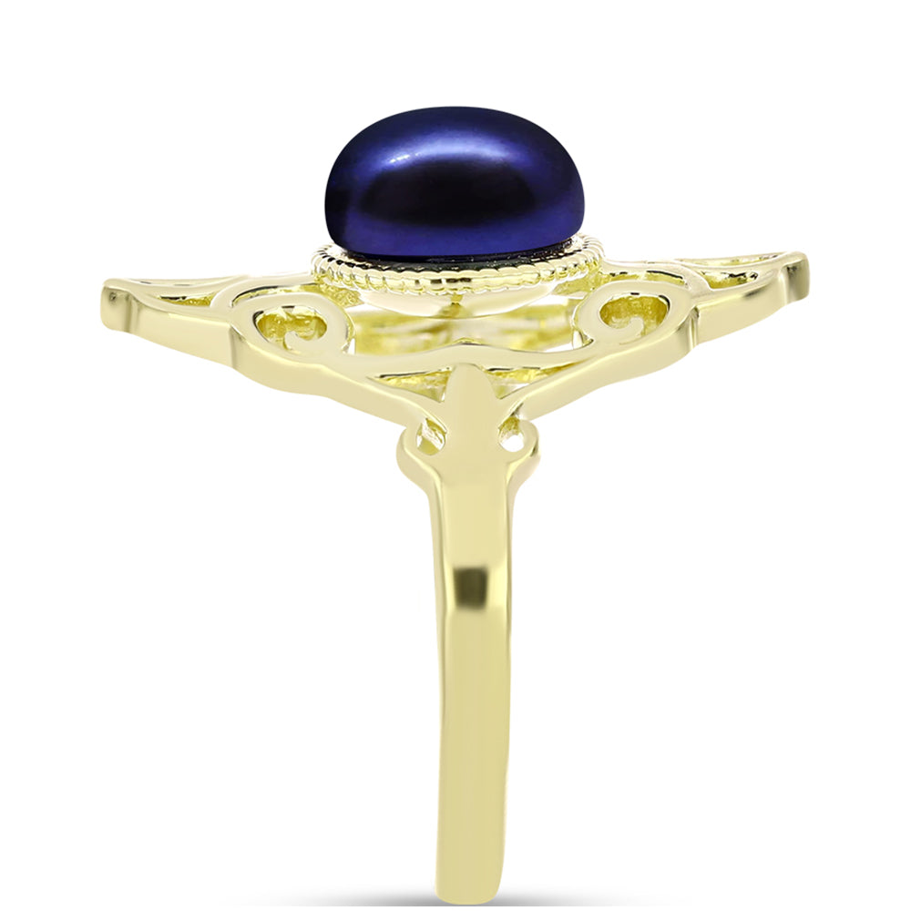 Anillo de Plata Bañada en Oro con Perla Negra de Agua dulce 4 
