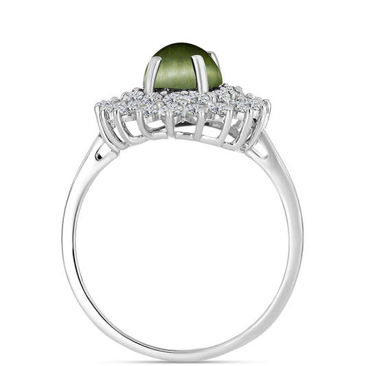 Anillo de Plata con Ojo de Gato Verde de Antananarivo y Topacio Blanco