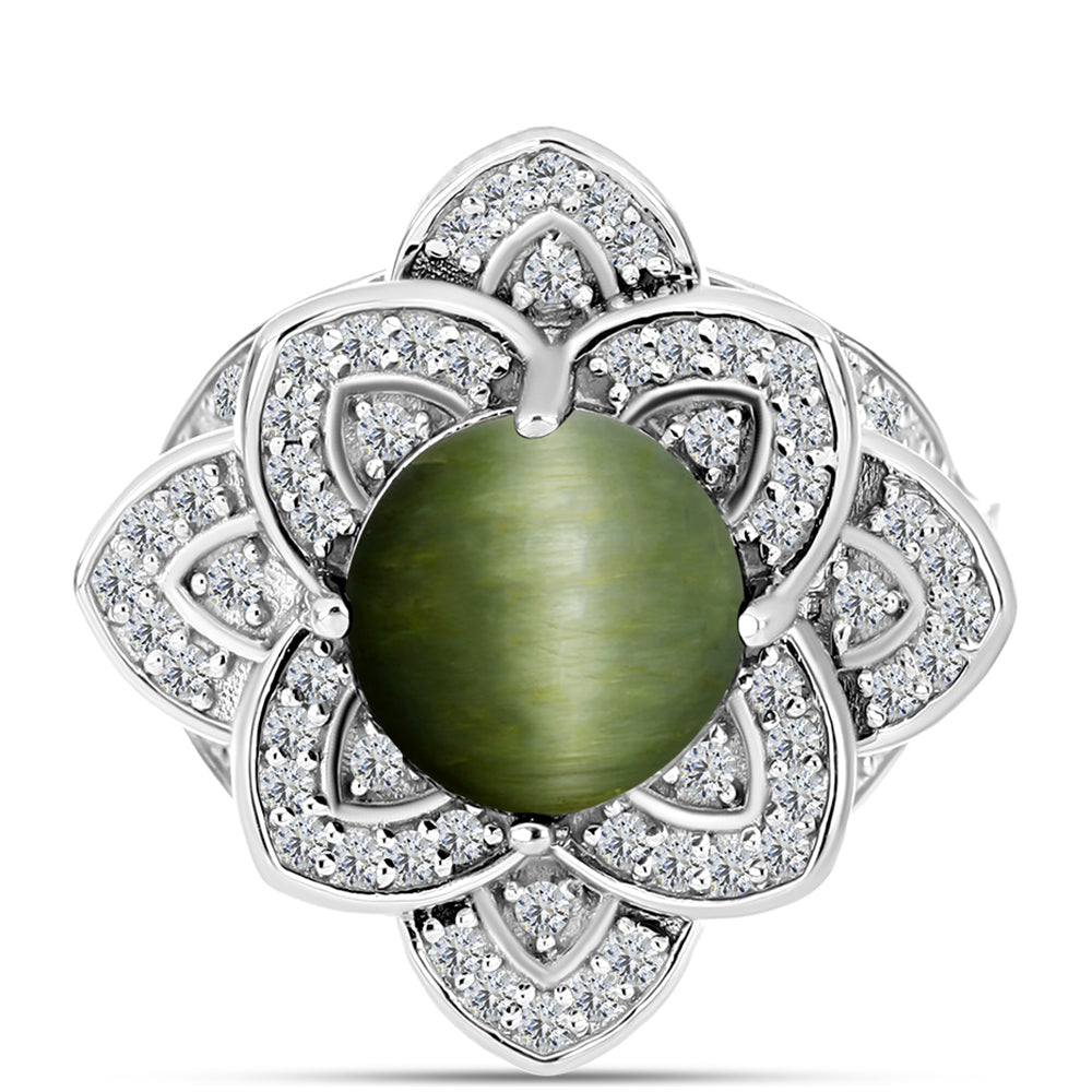 Anillo de Plata con Ojo de Gato Verde de Antananarivo y Topacio Blanco 1 