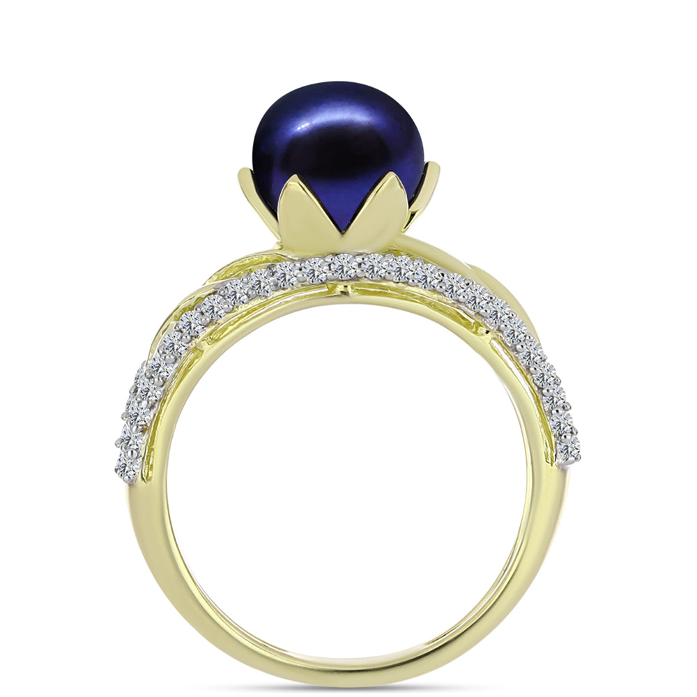 Anillo de Plata Bañada en Oro con Perla Negra de Agua dulce y Topacio Blanco 2 