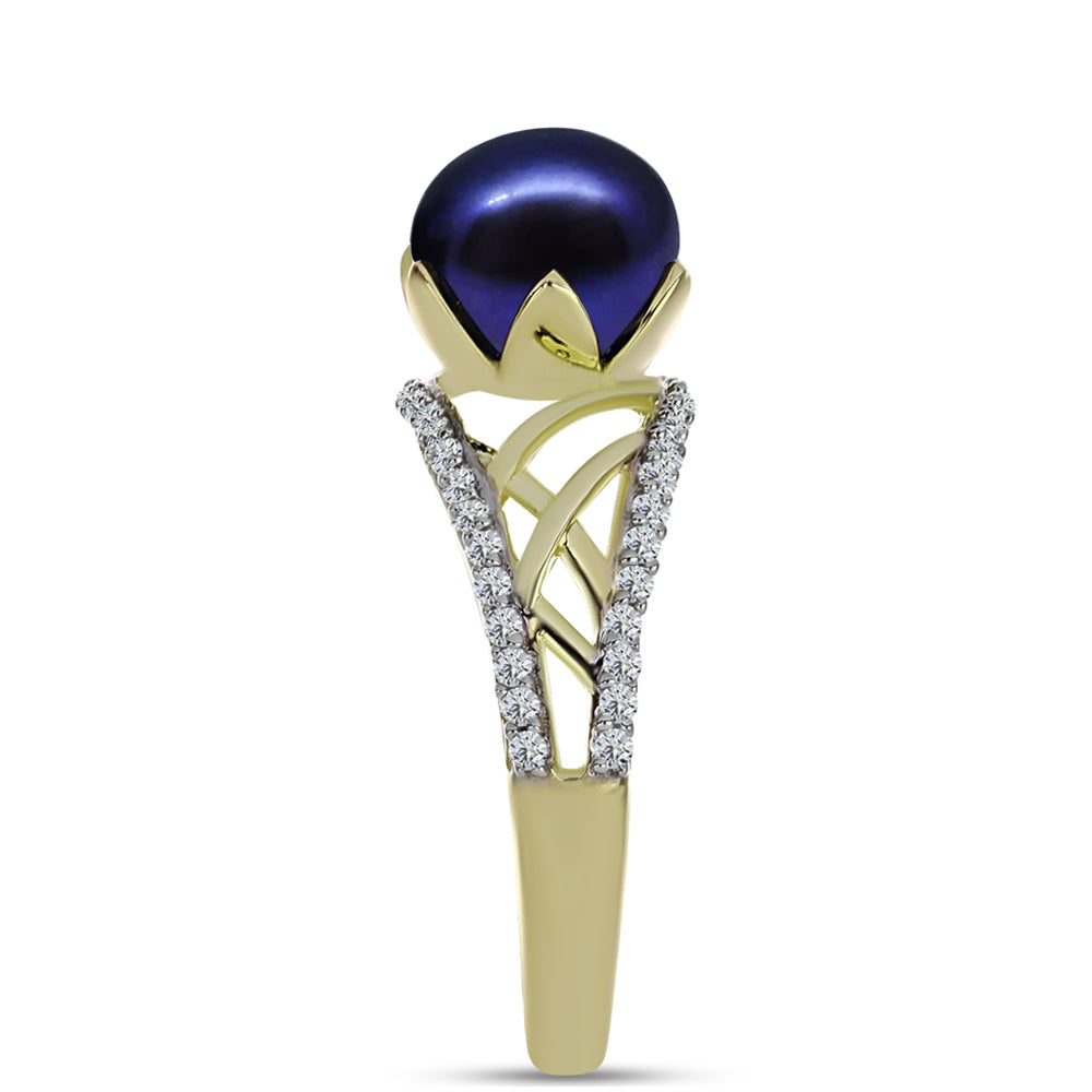Anillo de Plata Bañada en Oro con Perla Negra de Agua dulce y Topacio Blanco 4 