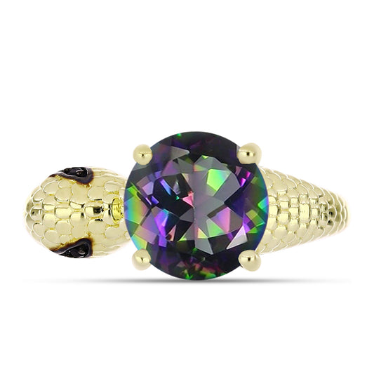 Anillo de Plata Bañada en Oro con Cuarzo Hematita verde místico y Espinela Negra